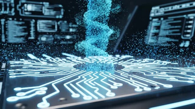 Futuristic Digital Puzzle Piece Forms from Blue Particles Above Circuit Board