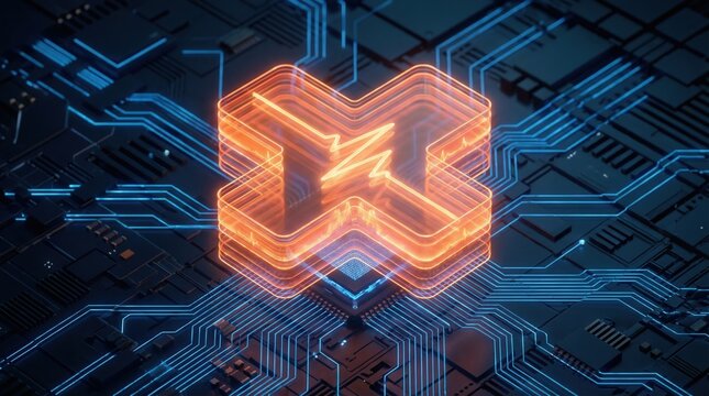 Digital health technology concept with glowing orange cross and heartbeat line on circuit board 3D render. Medical AI and tele-health innovation for modern healthcare solutions.