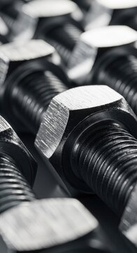 Close-up of Shiny Metal Bolts and Nuts.