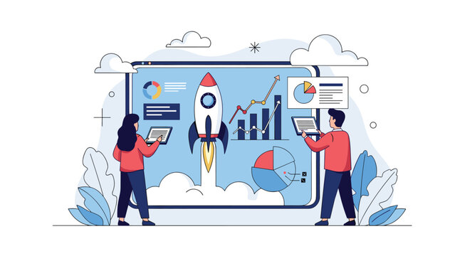 Dynamic business team analyzing real-time growth data and startup performance on large digital monitoring screen.