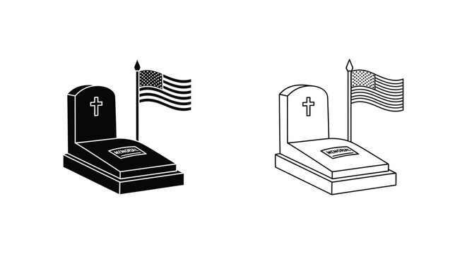 Tombstones, grave markers, American flags, funeral icons