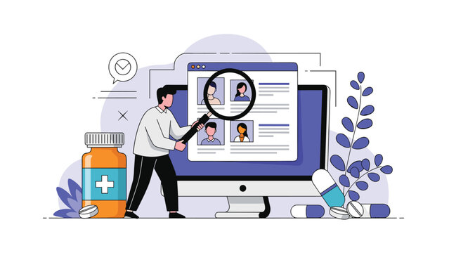 Healthcare professional uses magnifying glass on computer screen to search patient profiles with medicine bottles and pills.