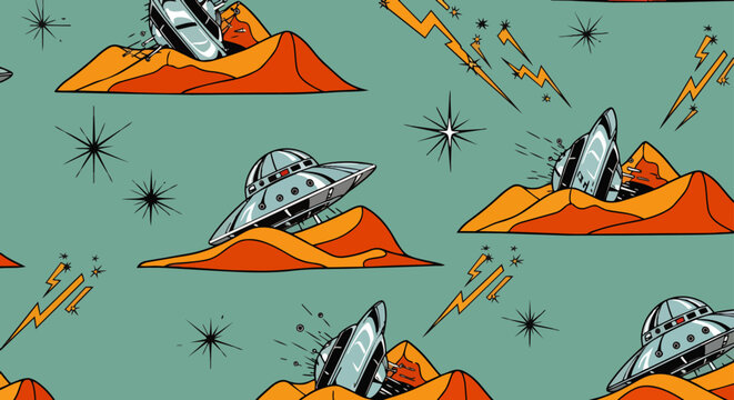 a retro pattern with ufo spaceships crashing and flying over desert planets in a vibrant sci-fi pop art style