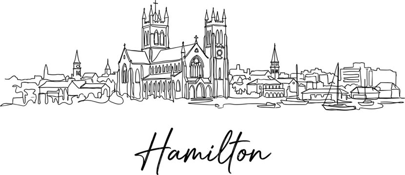 Hamilton Bermuda city skyline and cathedral minimalist continuous line art vector illustration