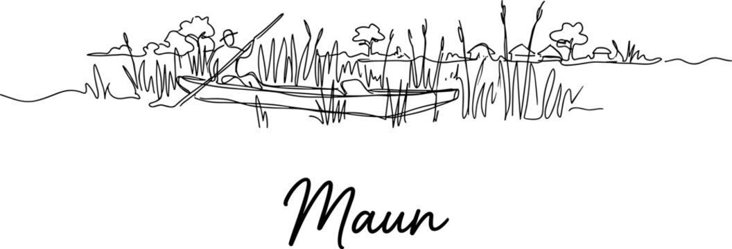Mokoro boatman navigating reeds in Maun Botswana landscape continuous line drawing illustration
