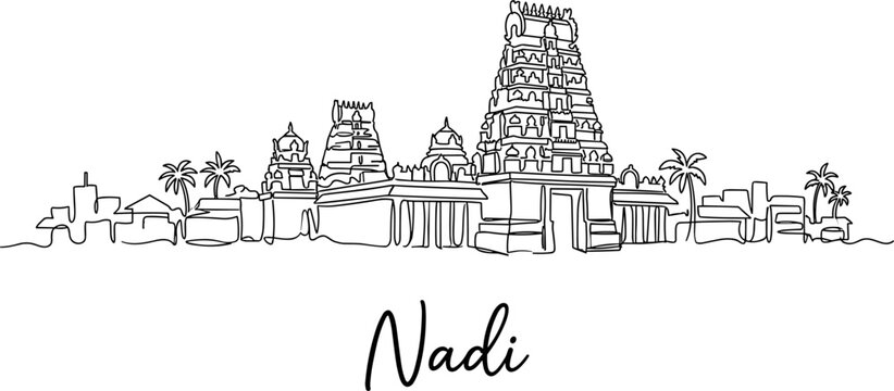 Nadi Fiji skyline with Sri Siva Subramaniya Temple continuous line art vector illustration