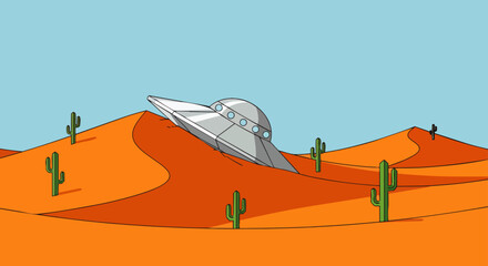 Fototapeta premium crashed ufo spaceship stuck in a vast orange desert with sand dunes and green cactuses under a clear blue sky.