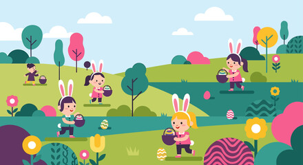 Obraz premium easter egg hunt joyful children in bunny ears collect colorful eggs in a vibrant spring park landscape a fun holiday tradition.