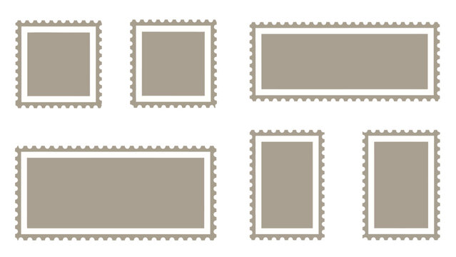 blank postage stamps and various stamp templates with perforated frames for graphic design communication and retro mail themes.