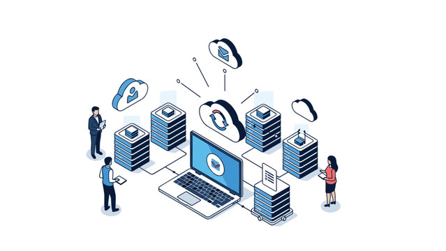 Business people managing email communication and cloud server network with laptop and tablet devices in isometric style.