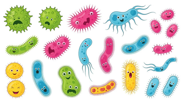 colorful cartoon bacteria and virus characters for educational science illustrations depicting various microbes with diverse expressions.