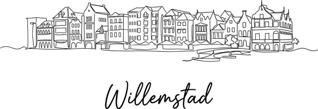 Willemstad Curacao waterfront buildings continuous line art minimalist vector illustration