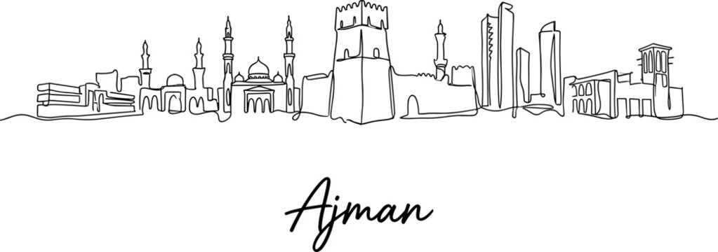 Ajman city skyline panorama in continuous one line drawing vector illustration style