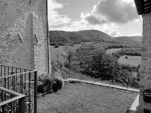 Montesanto, Umbria, Italy - September 24, 2025, perspective view of the hills seen from the medieval village of Montesanto.