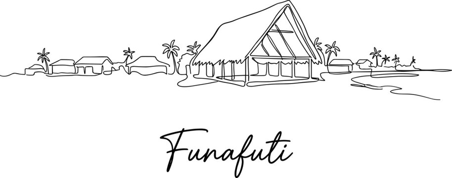 Funafuti Tuvalu coastal village skyline continuous line art isolated on white background vector illustration