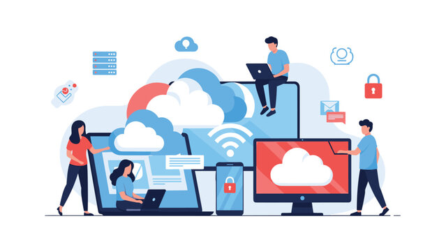 Integrated cloud computing network showing men and women working on different devices connected to synchronized data clouds and secure servers.