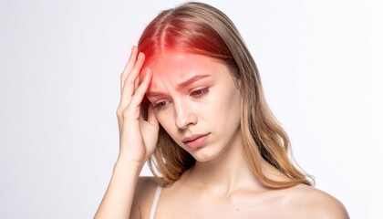 Fototapeta premium Young Woman with Migraine Headache Portrait, Stress and Pain Healthcare Concept