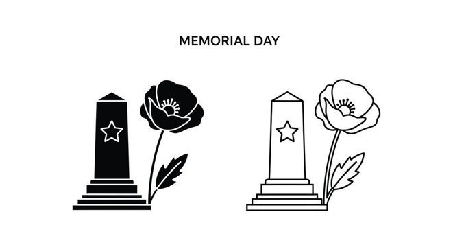 Memorial Day icons, tombstones, poppy flowers, patriotic symbols