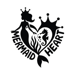 Silhouette of a mermaid holding a heart with a seahorse inside © masu