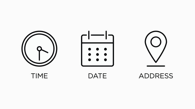 Time, date and address icon. Clock, calendar and location elements for scheduling vector illustration. Useful date and address details for navigation symbol. Clean minimal layout for interface sign.