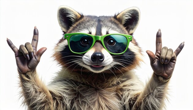 A humorous scene of a raccoon wearing bright green sunglasses, raising both hands with index fingers pointing upward, detailed fur against a plain white background, combining realism with playful gest