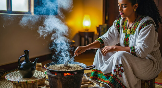 Ethiopian woman roasting coffee beans in traditional jebena ceremony, aromatic smoke rising, authentic coffee origin ritual