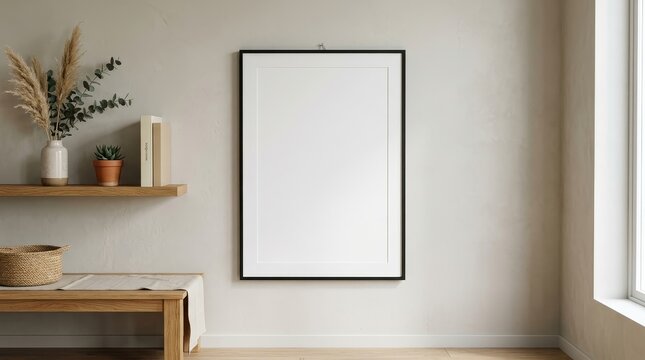 Minimal black frame poster mockup on neutral wall with wood shelf