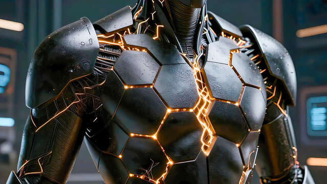 Futuristic Robot Armor with Glowing Energy Cracks and Black Hexagonal Plates