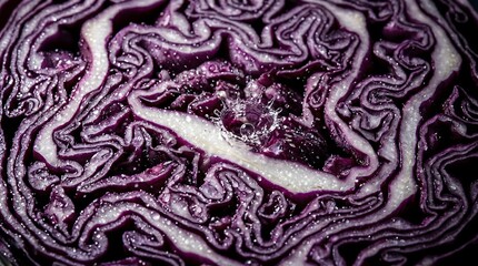 Obraz premium Macro View of Purple Cabbage Leaves Hit by a Liquid Droplet for Healthy Vegetable Advertising