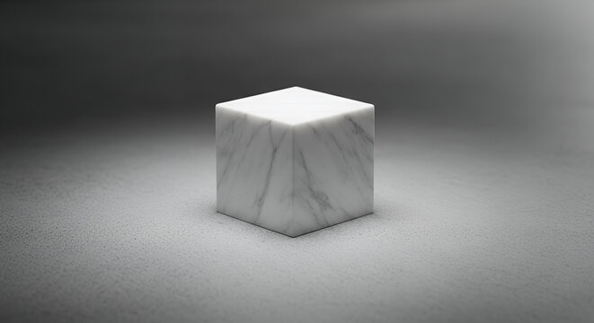 White marble cube on soft gray background and illuminated with subtle lighting