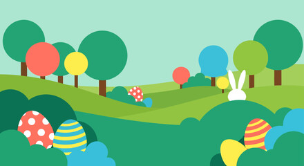 easter egg hunt in a vibrant spring landscape with a cute bunny and hidden eggs perfect for childrens holiday designs