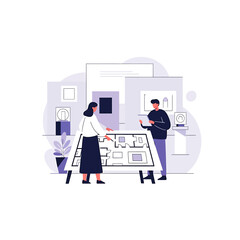 architects design team collaborating on a project plan in a modern office studio reviewing blueprints and creative ideas.