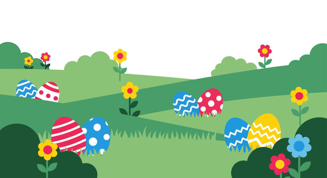 easter egg hunt flat design illustration of colorful easter eggs in a vibrant green spring landscape perfect for a cheerful holiday.