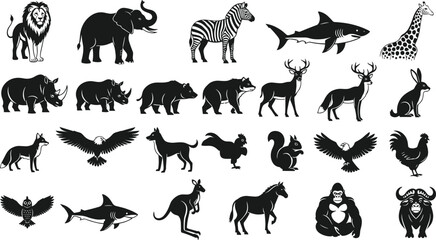 Collection of black animal silhouettes and vector icons featuring lion elephant zebra shark giraffe rhino bear deer rabbit fox eagle dog rooster squirrel owl kangaroo horse gorilla and buffalo © MdHasmot