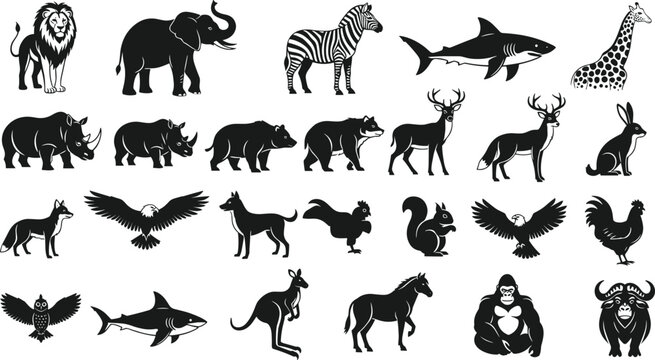 Collection of black animal silhouettes and vector icons featuring lion elephant zebra shark giraffe rhino bear deer rabbit fox eagle dog rooster squirrel owl kangaroo horse gorilla and buffalo