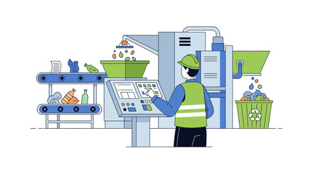 Worker operating modern recycling plant machinery.