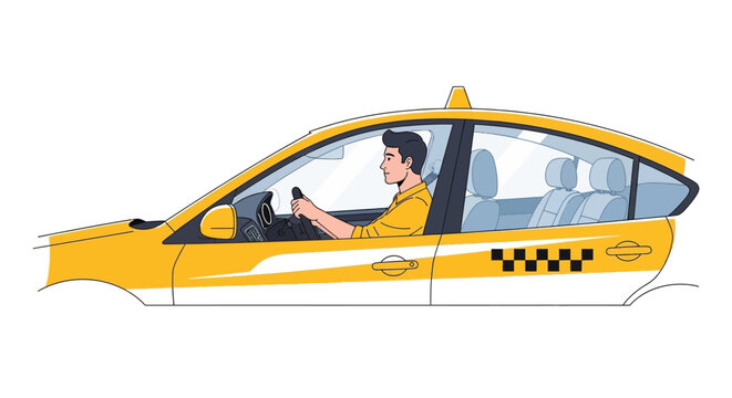 Yellow taxi cab with driver inside on white background.