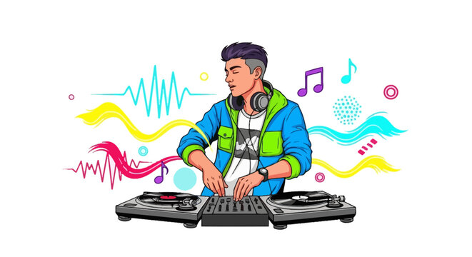 Young DJ mixing music with turntables and controller.