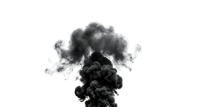 Black smoke cloud bursting upwards on white background, abstract dark smoke plume, high speed photography