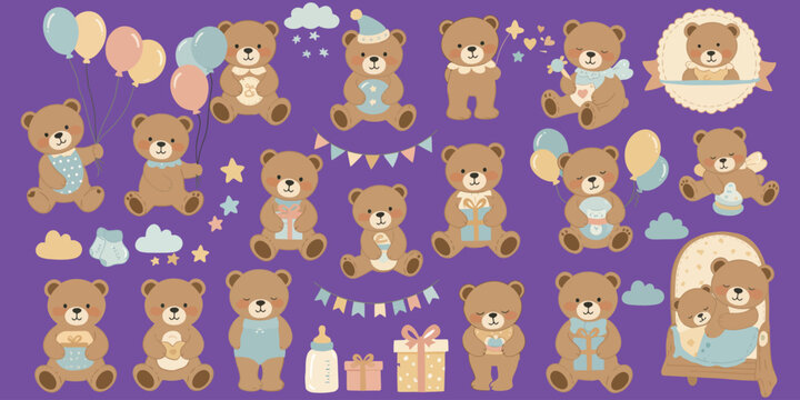 Cute cartoon bears in various poses on purple background with party decorations