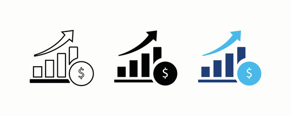 Fototapeta premium Financial Growth Icon with Rising Bar Chart, Upward Arrow and Dollar Coin – Profit Increase, Revenue Growth, Investment Success Concept