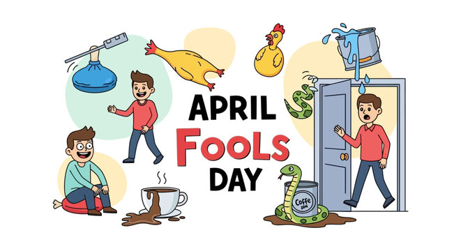 Illustration of people playing pranks on April Fools' Day with humor and jokes concept in a playful prank lifestyle.