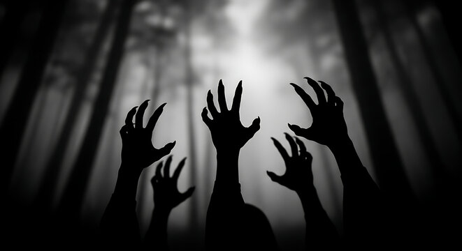 Silhouette of many hands reaching out of a dark, foggy forest against a bright sky, evoking horror, fear, and supernatural themes