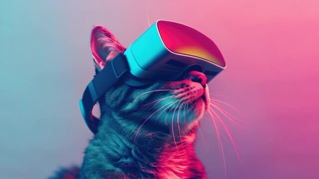 The cat is wearing a VR headset and looking forward, creating an amusing and cute scene.