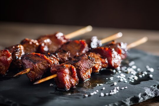 Grilled portuguese espetadas on slate serving board with coarse sea salt, ready for a delicious meal