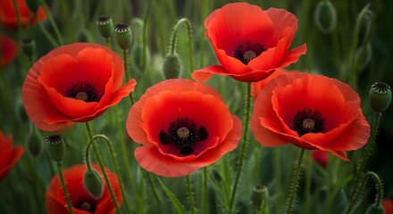 Obraz premium Vibrant red poppies in a lush green field on a sunny day