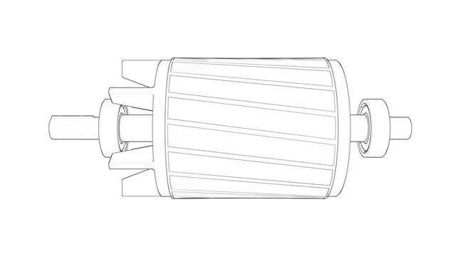 Industrial Induction Motor Rotor - Blueprint. 3D rendering isolated on white background. 3D Mesh, Sketch, Vector style or Drawing. Ideal for educational, engineering, and industrial design.
