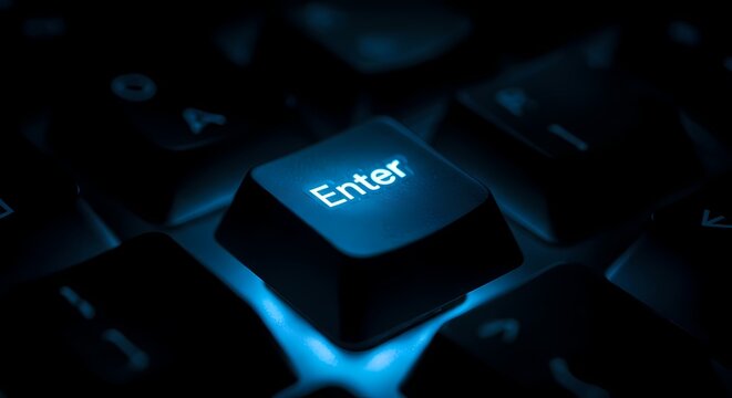 Glowing blue enter key on dark computer keyboard, digital action