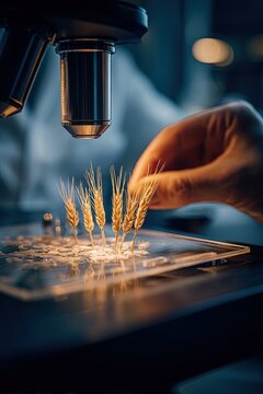 The concept of GMOs. A scientist places wheat spikes under a microscope in a laboratory and closes the door.