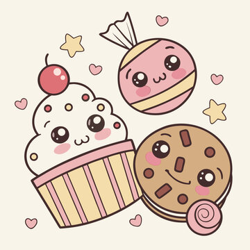 Kawaii sweets include a cupcake, cookie,.